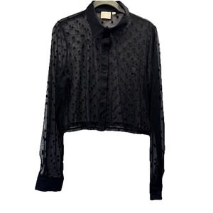 GLG Women's Top Sz Large Black Sheer Polka Dots Fairy Whimsigoth Long Sleeve Y2K